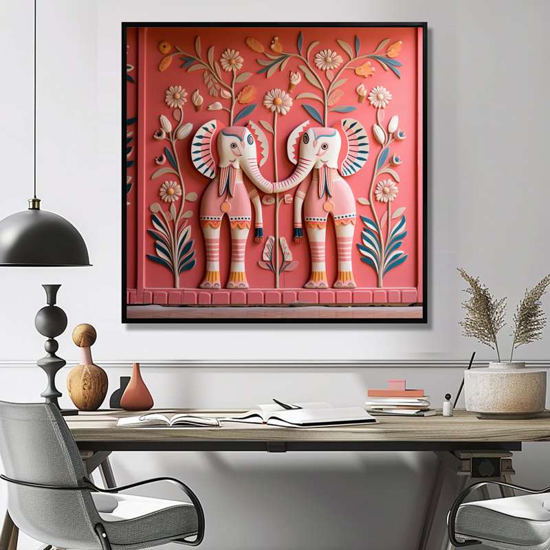 Art indien, éléphants de Jaipur 1 - Art mural indien, Cadre flottant noir, H 16 po x l 16 po x P 1 po