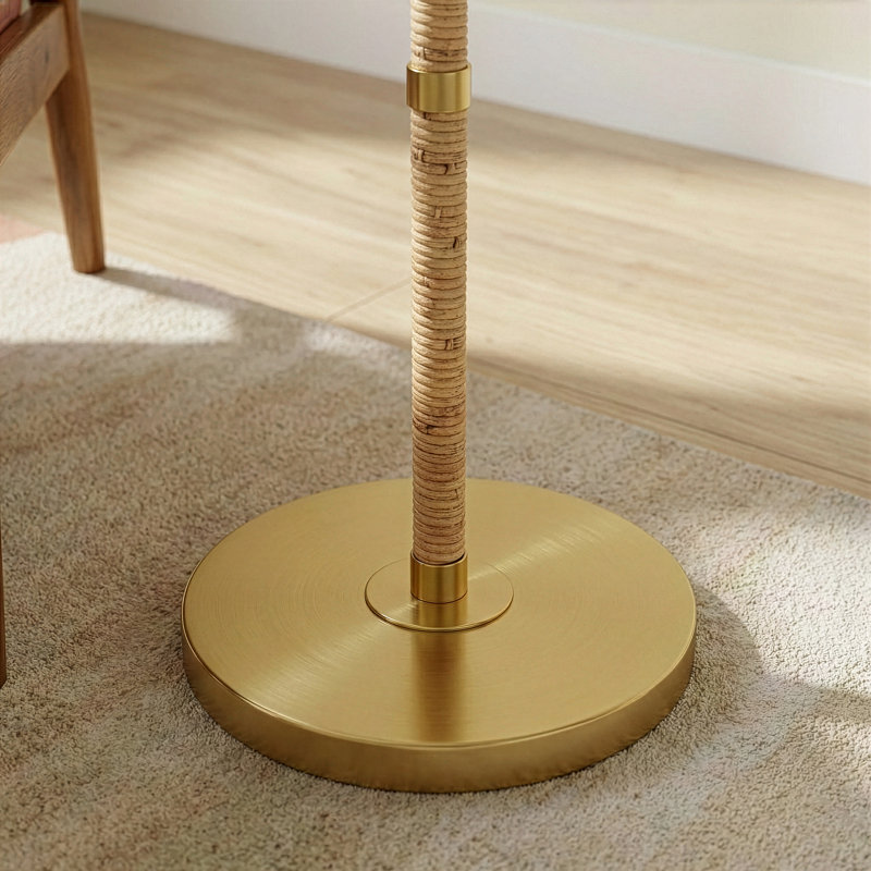 Irma 62'' Wood Rattan Tube Gold Brass Metal and White Linen Shade Floor Lamp