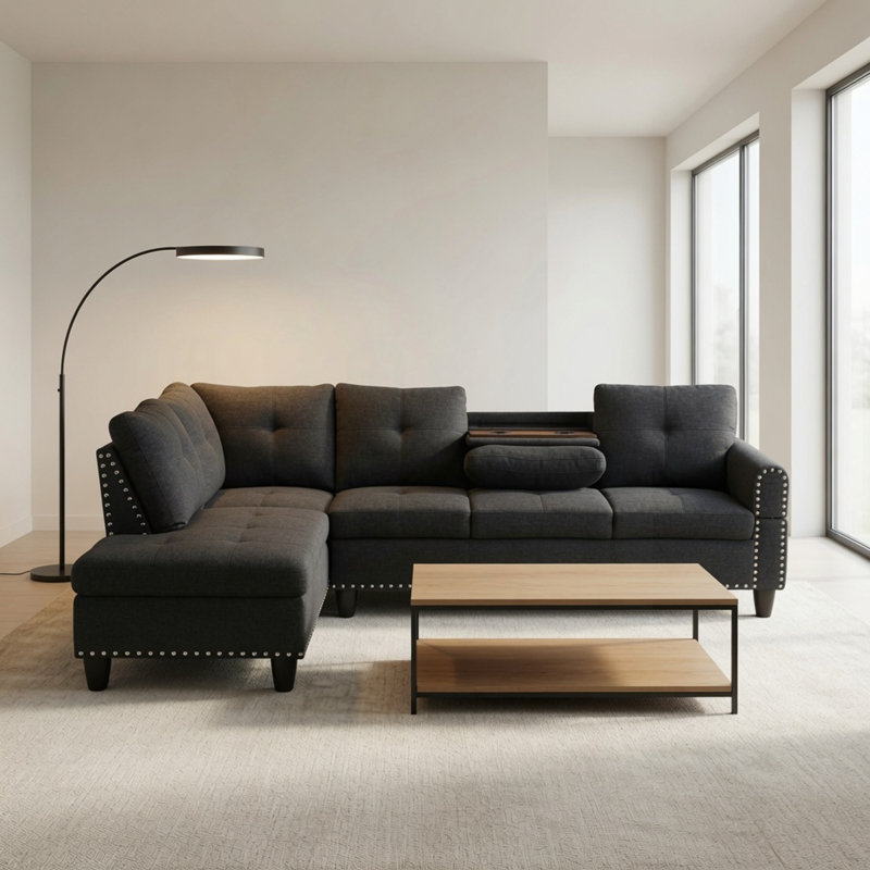 Canapé modulaire en L avec méridienne mobile et porte-gobelets, Mélange de lin noir et gris