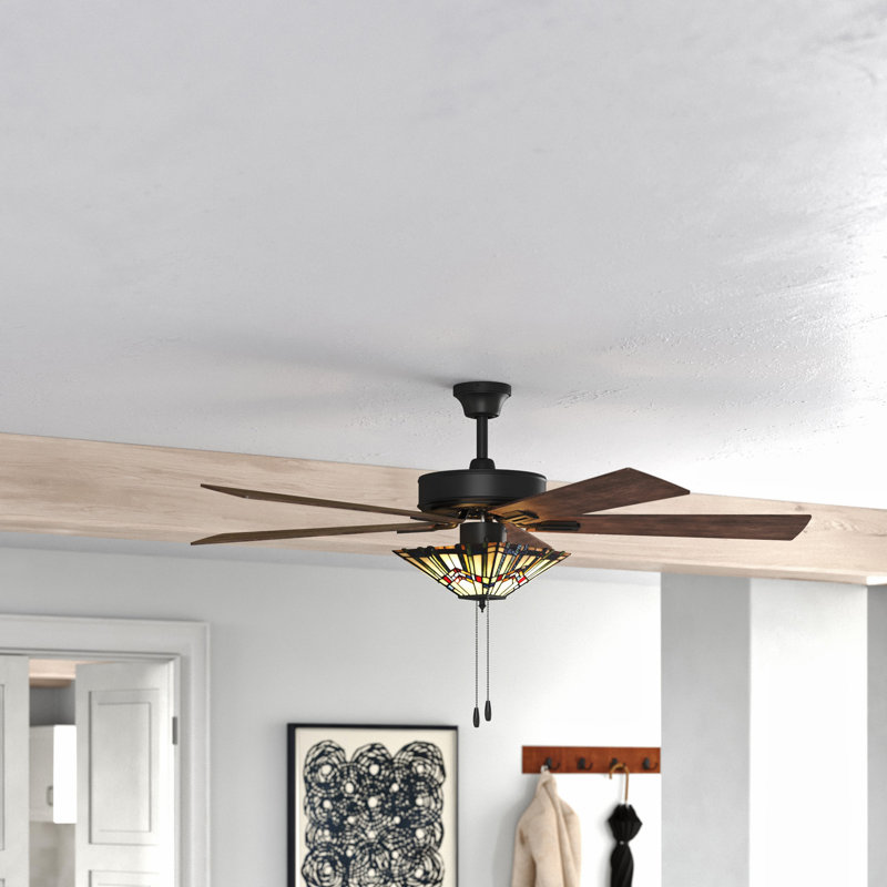 52"W Aibek Mission Stained-Glass Oil-Rubbed Bronze Ceiling Fan, Pull Chain