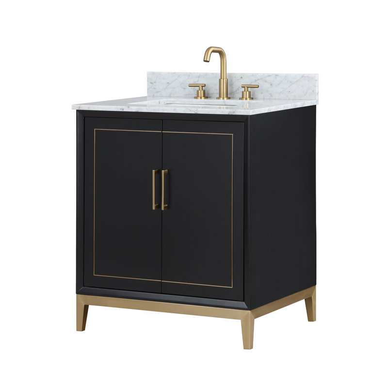 Gracie 30'' W Single Vanity, Midnight Black, Satin Brass, Carrara Marble