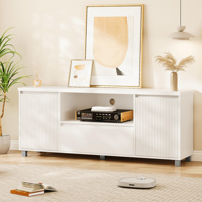 63in TV Stand for TVs Up to 70", Fluted Entertainment Center with Storage Drawer and Open Shelves, Modern TV Console Media Cabinet for Living Room, Bedroom, White (White)