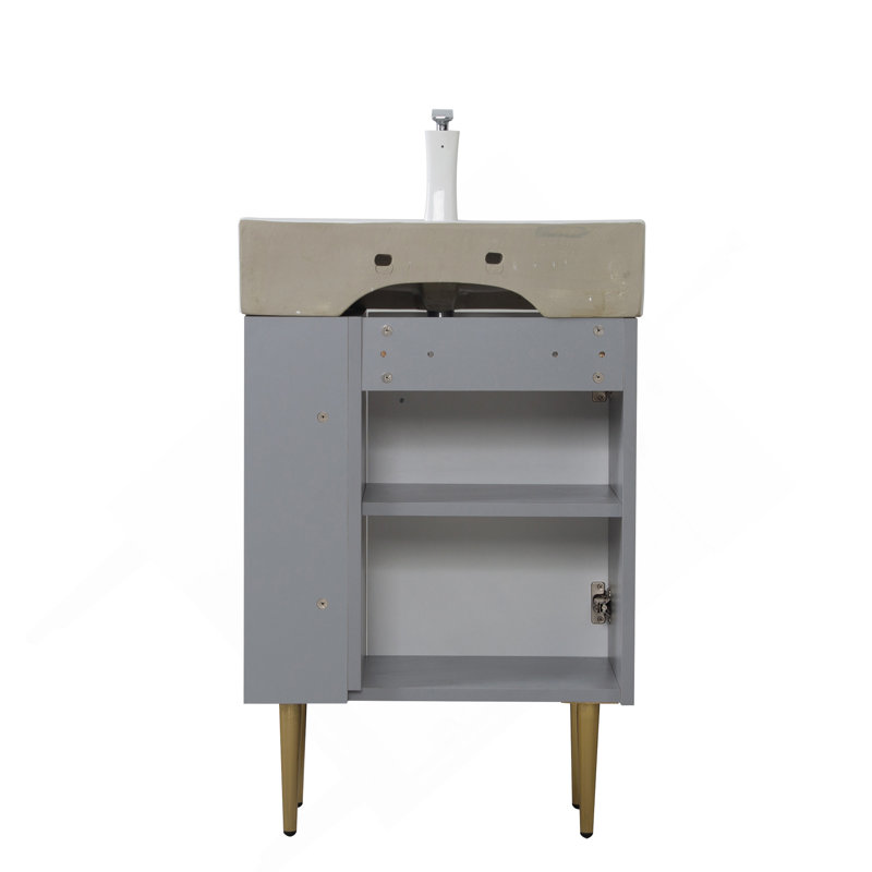 Meuble-lavabo à tablettes 21,6 po avec évier en céramique, porte à fermeture douce, armoire de rangement à tablettes ouvertes sur le côté droit, assemblage requis