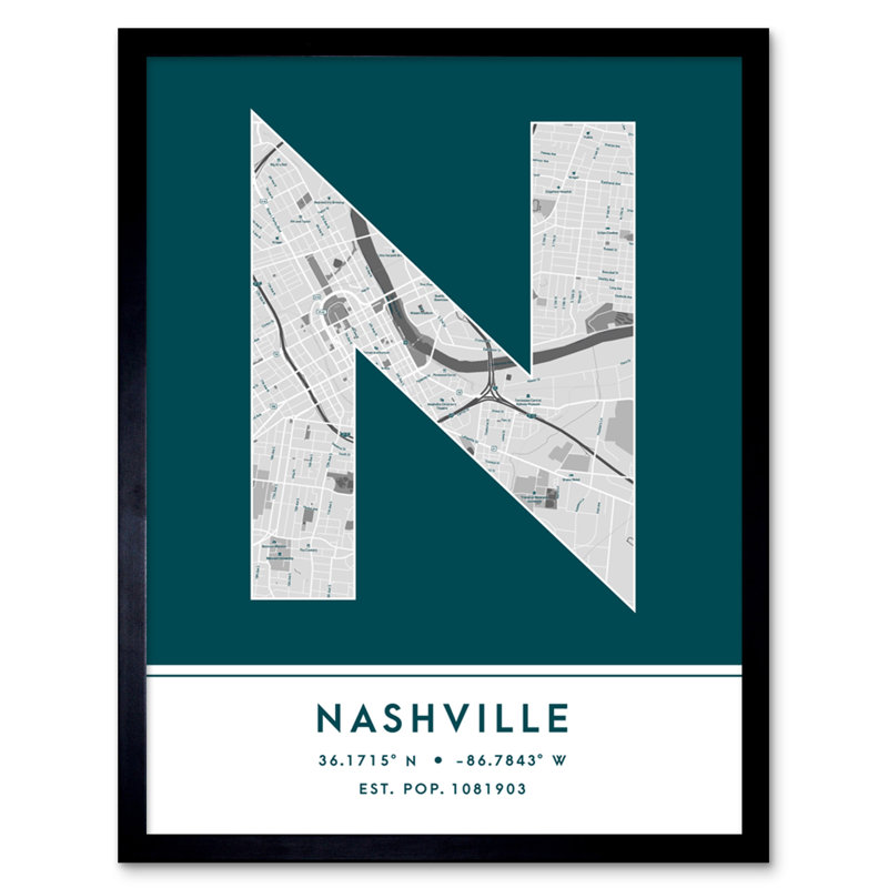 Nashville City Map Nashville Teal by Wee Blue Coo - Single Picture Frame Typography