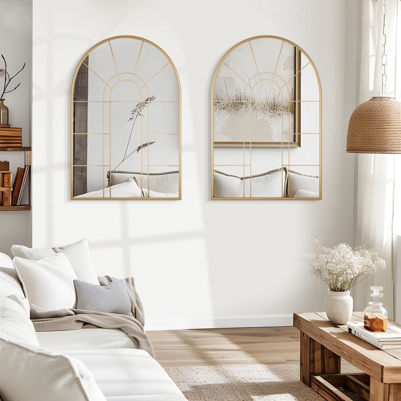 Barreto Arch Window Pane Metal Wall Mirror, Gold