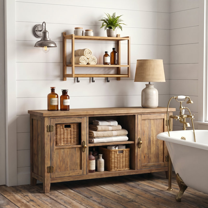 Allana 2 Piece Solid Wood Tiered Shelf with Hooks, Natural Bamboo