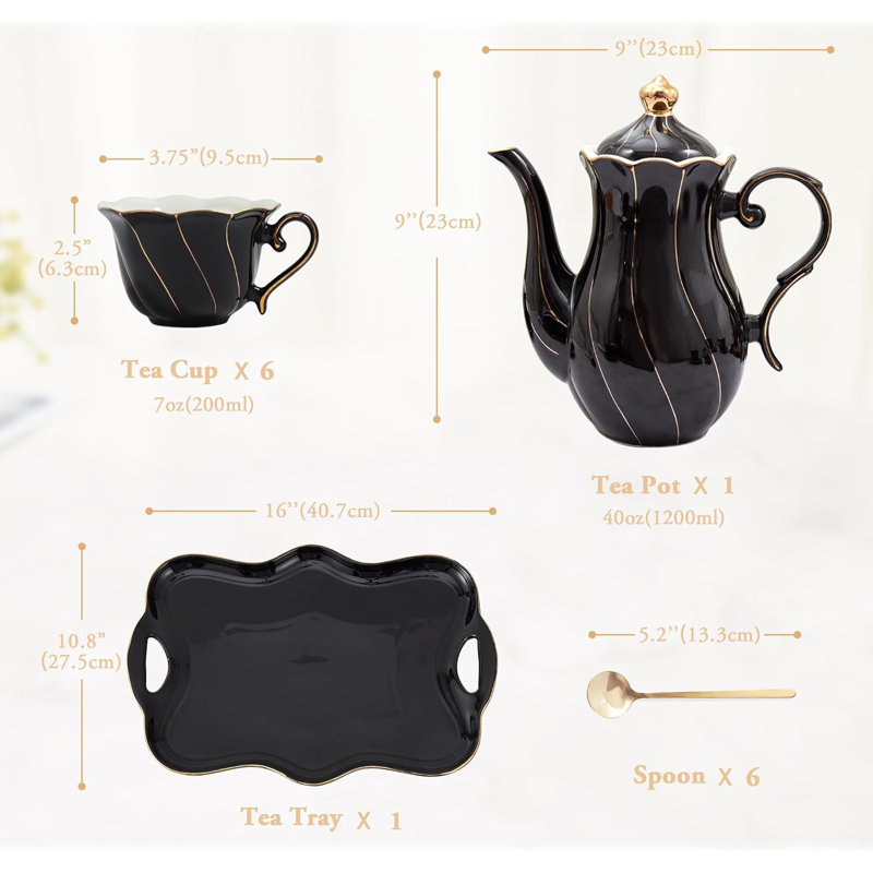 Luxury Black Porcelain Tea Set with Golden Trim, 14 Pieces