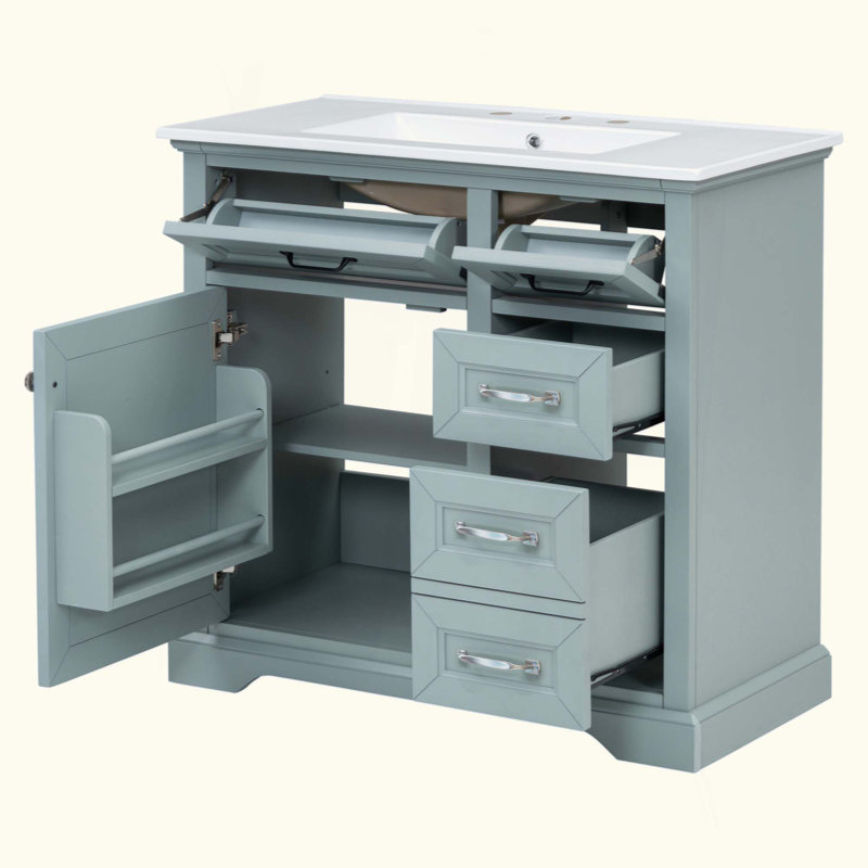 Ensemble de meuble-lavabo avec lavabo sous-comptoir en céramique, 2 tiroirs et charnières, Gris