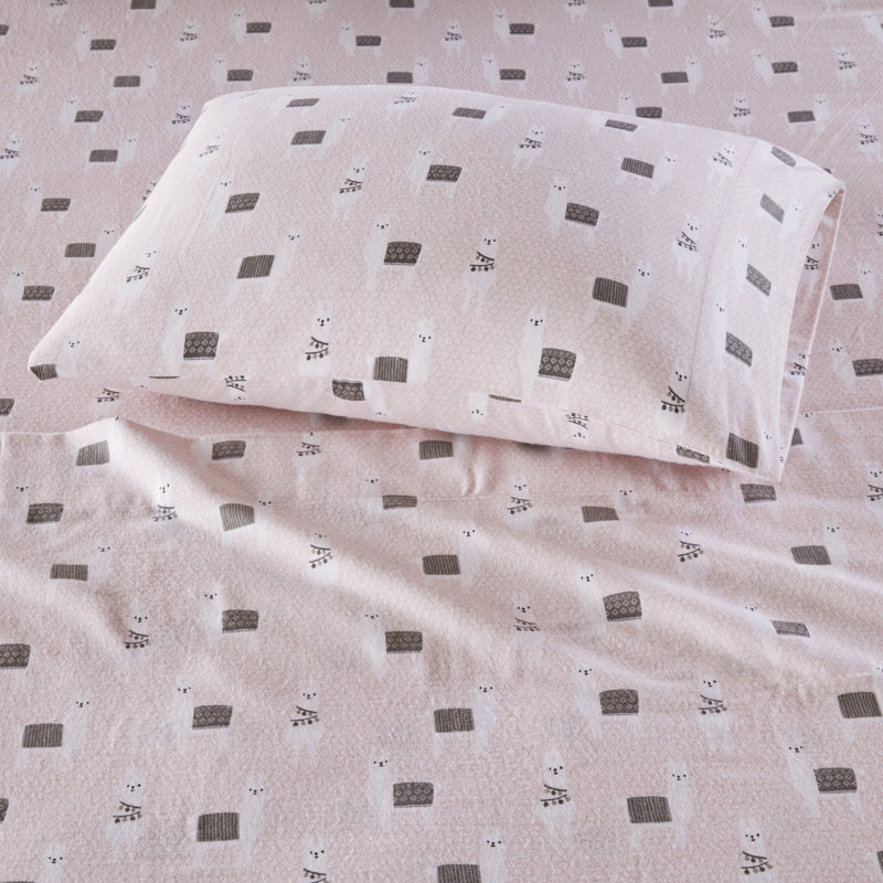 Cozy Soft 100% Cotton Flannel Sheet Set, Full Sheet Case Pack with Fitted Sheet, Pink Llamas