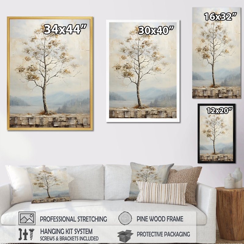 «Soft Neutral Tones Tree Oak Harmony III», reproduction sur toile encadrée, Cadre flottant doré, H 44 po x l 34 po x P 1,5 po