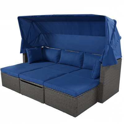 U_Style Outdoor Patio Rectangle Daybed With Retractable Canopy,  Wicker Furniture Sectional Seating With Washable Cushions, Backyard, Porch