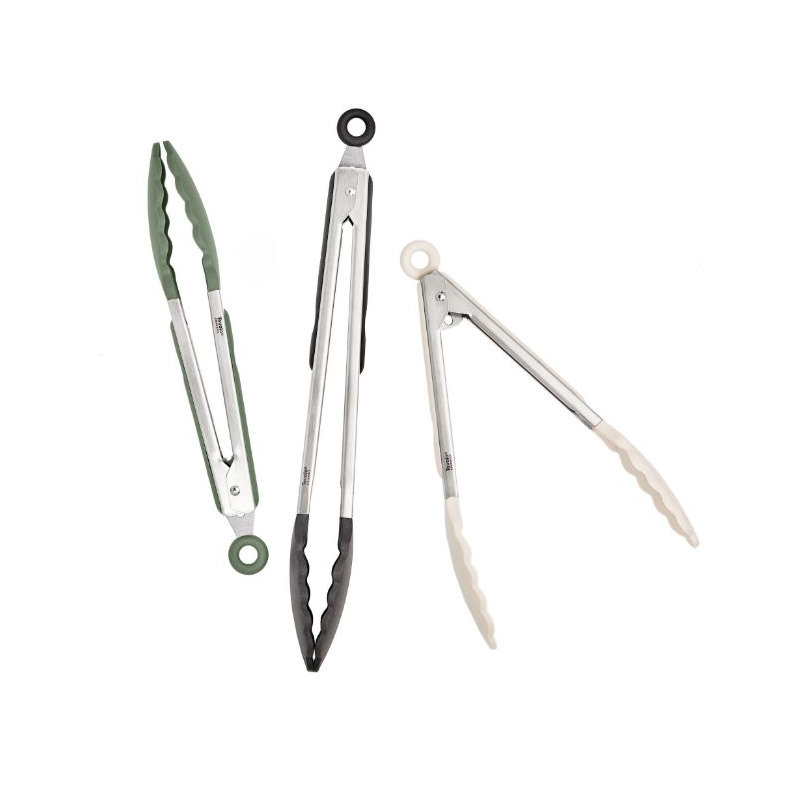 Elements Tongs S/3 9" 9" 12" Silicone, Oatmeal/Thyme/Black