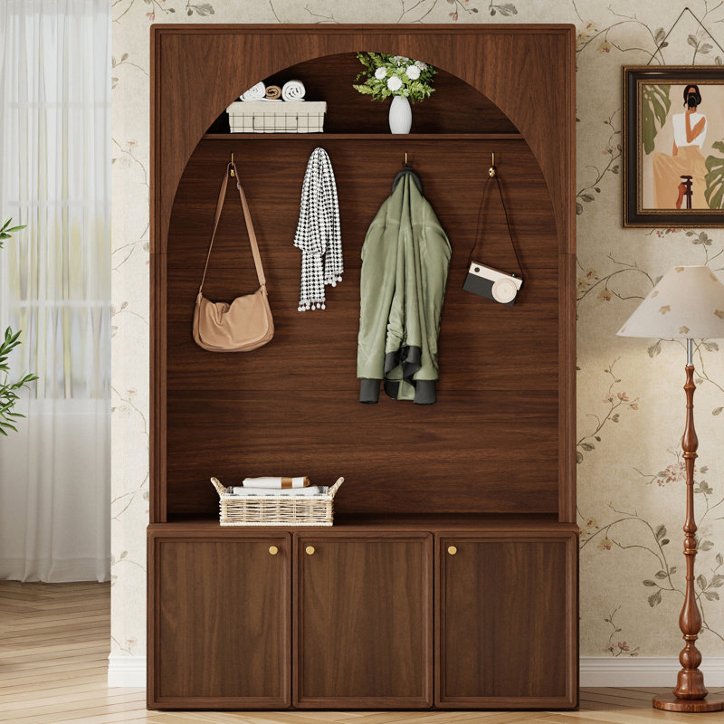 Hall Tree With 2 Cabinet & 4 Hooks, Walnut