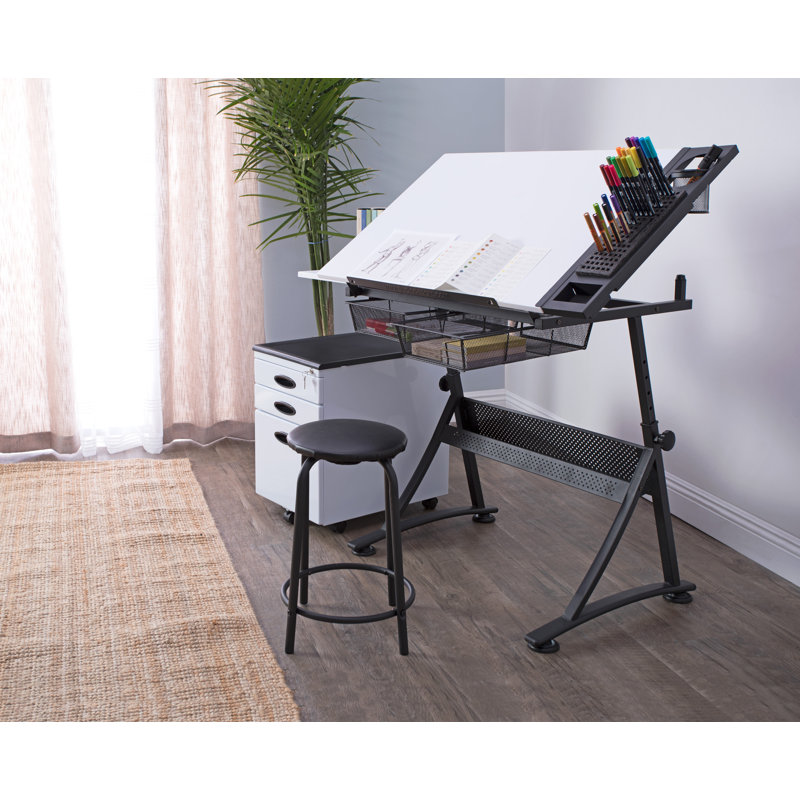 Adjustable White Metal Drafting Table with Storage Drawers