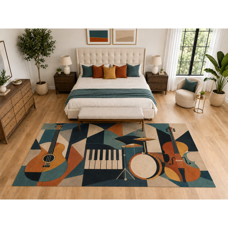 Tapis d'intérieur moderne « ultra fin » de 200 cm x 300 cm, motif instruments de musique, doux et à poils courts, dos antidérapant en silicone pour chambre à coucher, couleur turquoise.