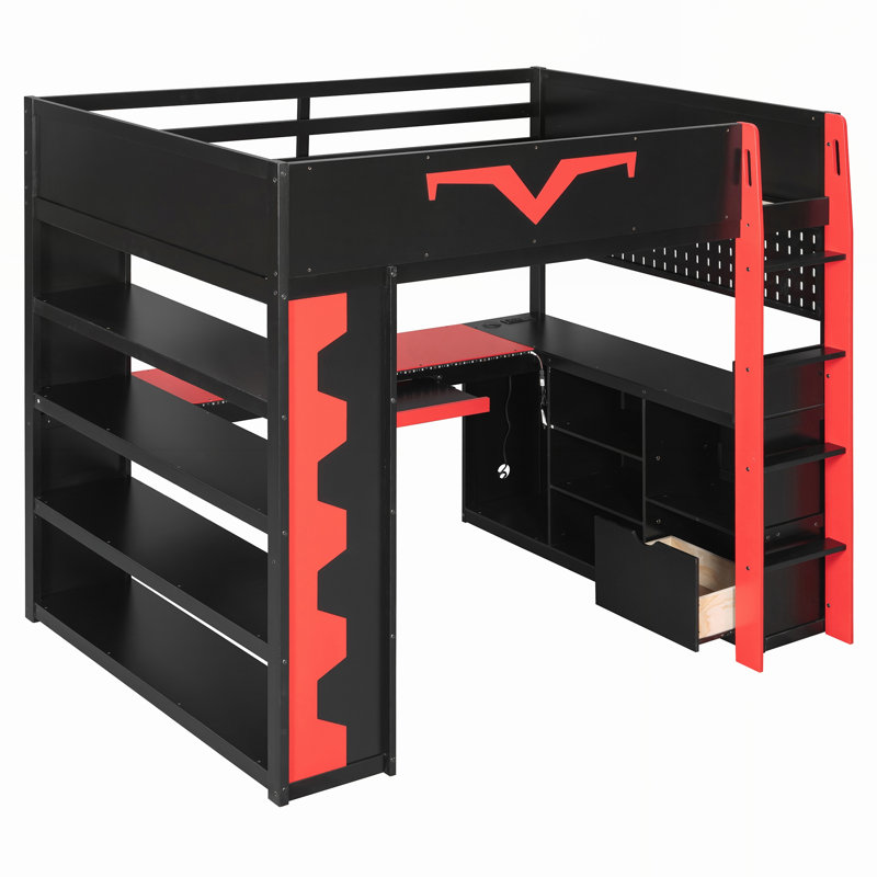 Lit mezzanine double avec bureau, lumières RVB et rangement, Rouge