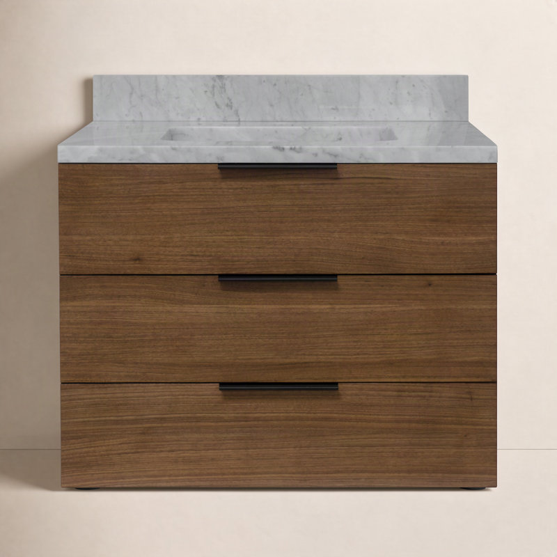 Mitchell 30'' Single Bathroom Vanity with Top, Walnut, Carrara Marble