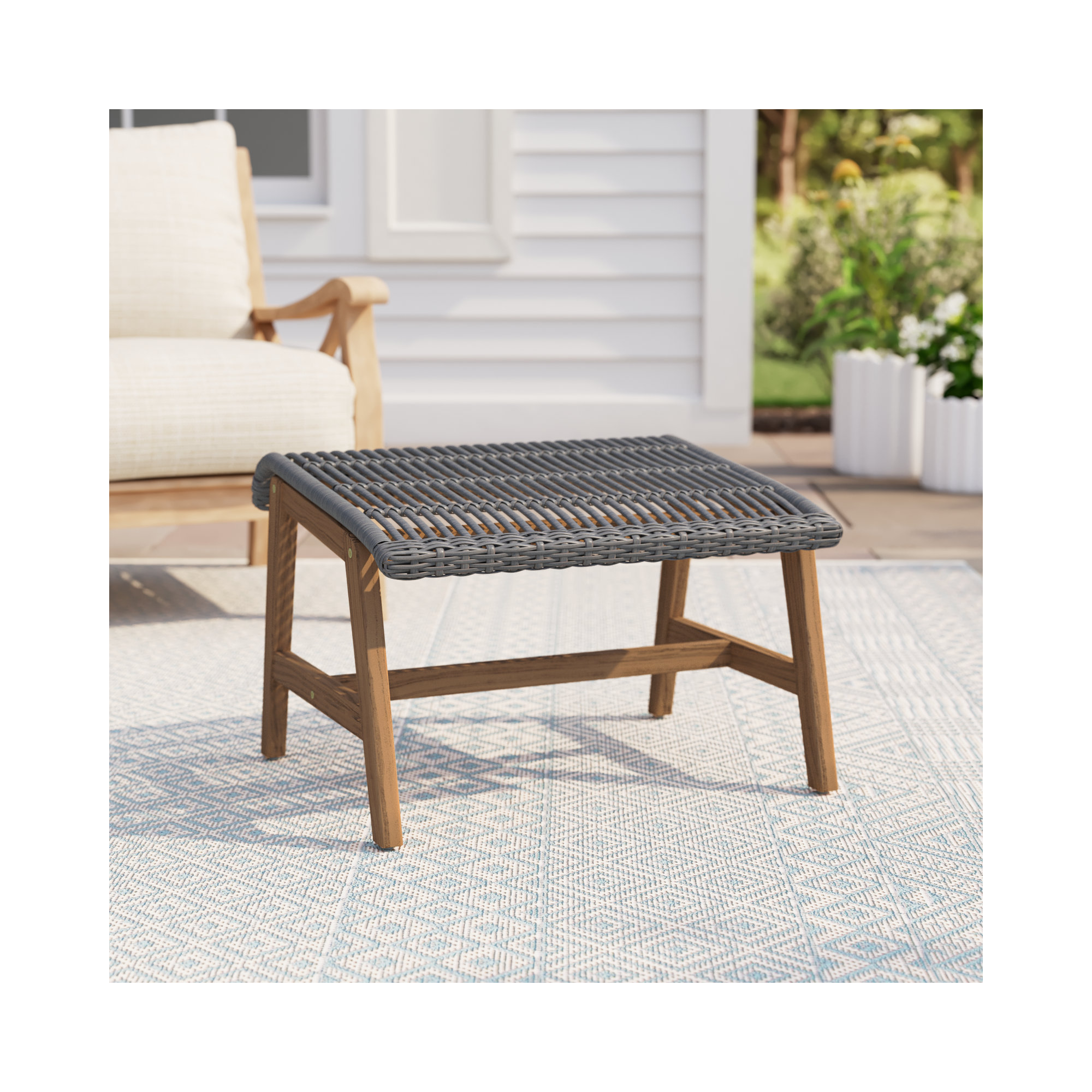 Anyston Outdoor Teak Ottoman, Dark Grey