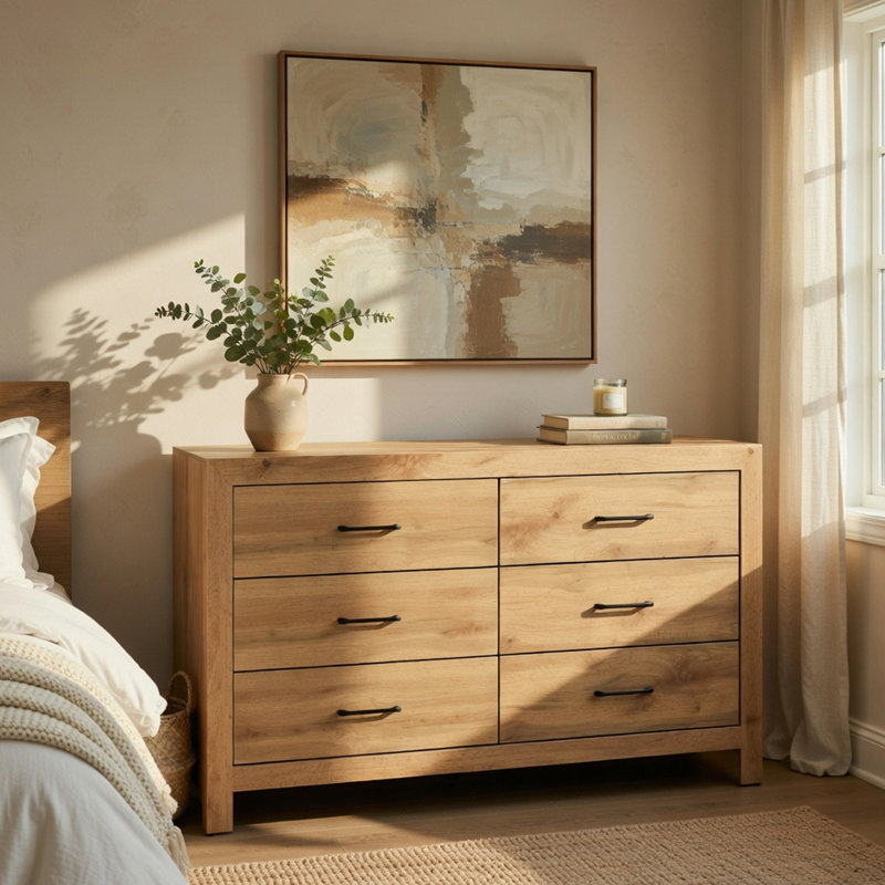 Grande commode Adia, 6 tiroirs avec poignées en nickel noir, brun naturel