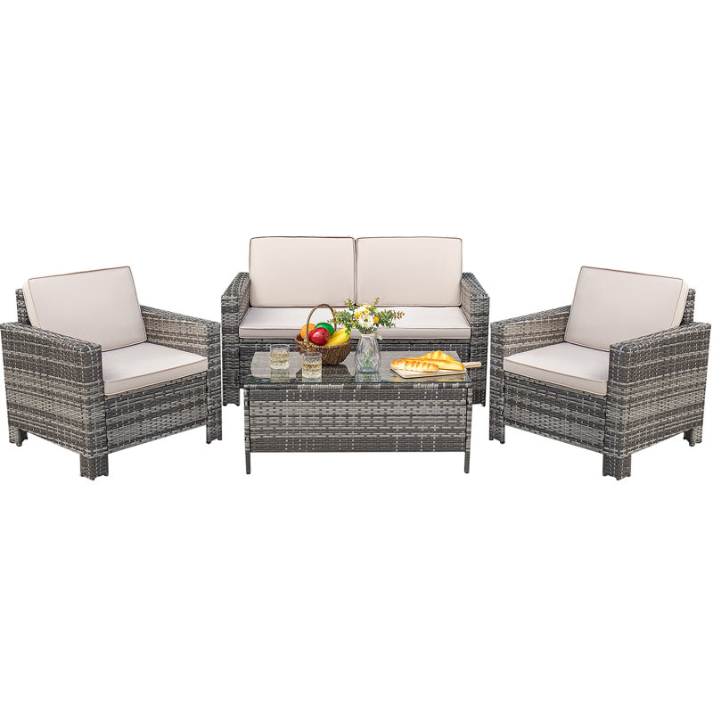 Ensemble de conversation en osier / rotin pour 4 personnes avec coussins Aveah, Beige, Gris