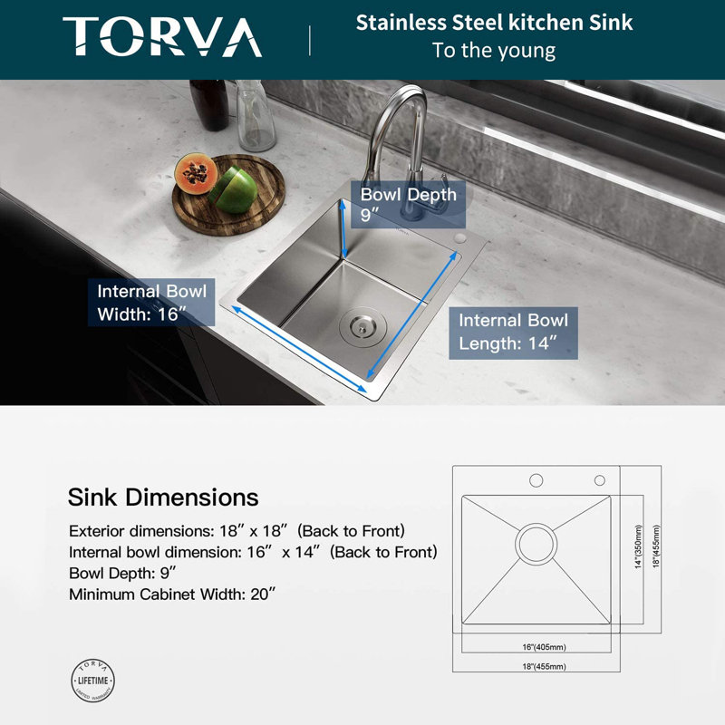18'' L Drop-In Single Bowl Stainless Steel Kitchen Sink, Silver