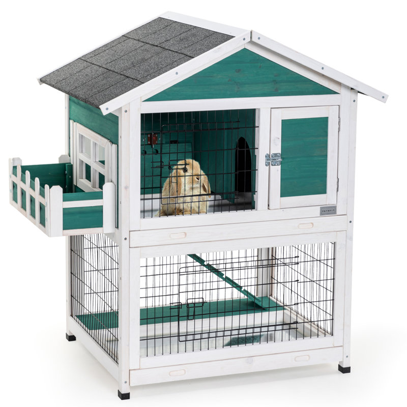 Spacieux lapin de 2 étages avec plateau coulissant et toit imperméable - Bois massif pour 1 à 2 lapins, cage de cochon d'Inde et créatures de taille similaire