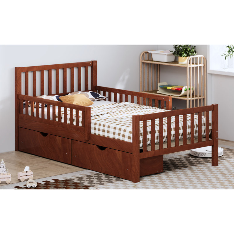 Lit simple, noyer, lit plateforme, garde-corps, tiroirs de rangement, conception simple pour le confort de la chambre à coucher, bois de pin massif léger, 8 supports en bois, option pour l'espace