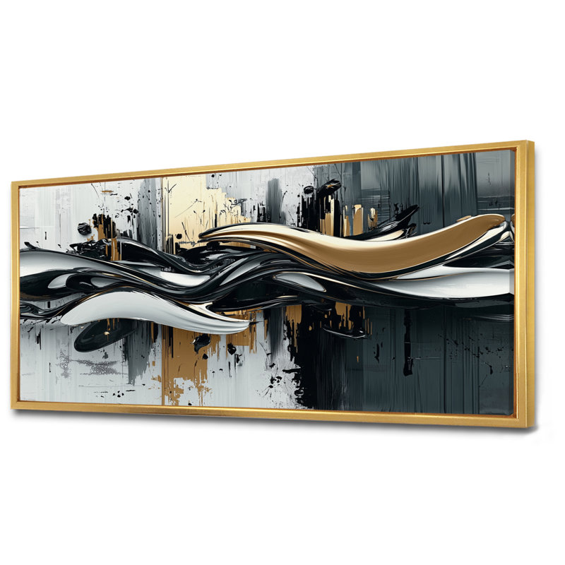 Widger Goldern «Black Shifting Ink Waters I» - art mural transitionnel, H 28 po x l 60 po, Doré