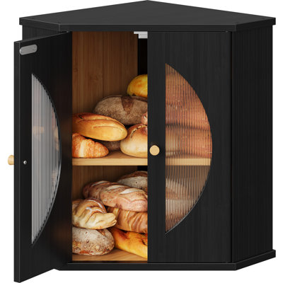 Boîte à pain à 2 niveaux en bambou, boîte de rangement de pain de coin avec portes ondulées en acrylique et panneaux latéraux cannelés, corbeille à pain pour la cuisine, le salon, la salle à manger