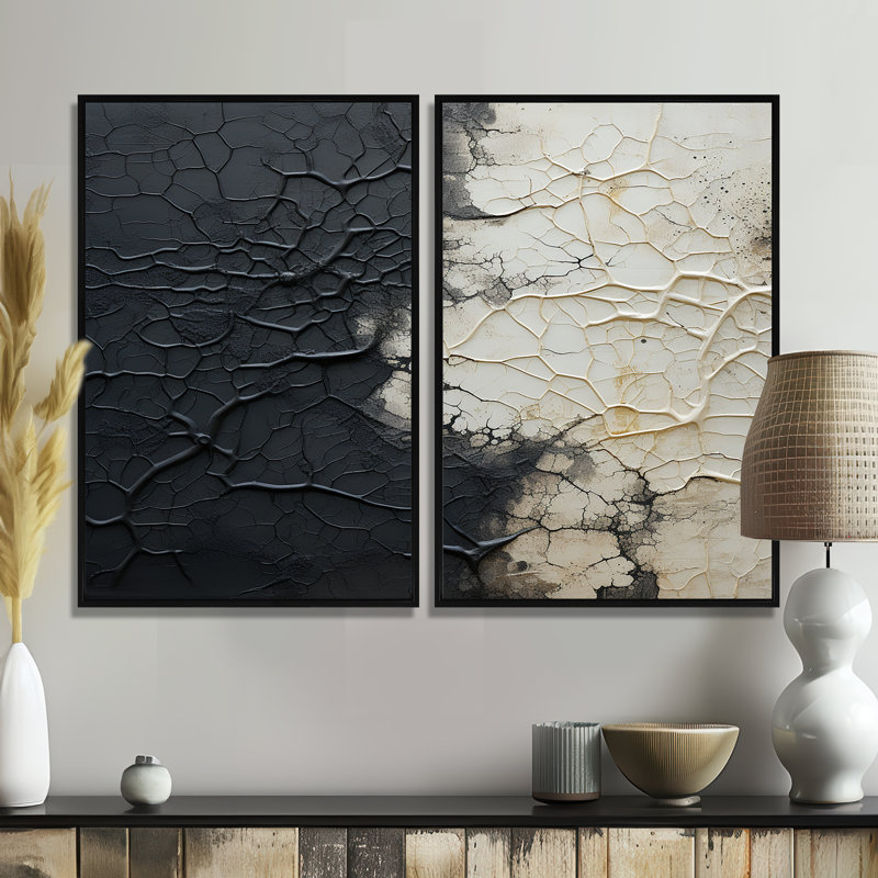 Blanc et noir abstrait divisé - formes abstraites, art mural, Black, 36" H x 48" W, Impression encadrée flottante