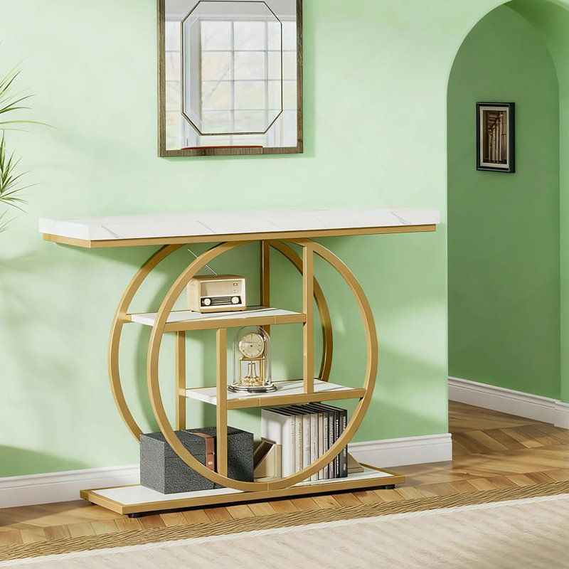 Console étroite de 41,3 pouces avec base circulaire, élégants détails blancs et dorés pour un décor industriel moderne