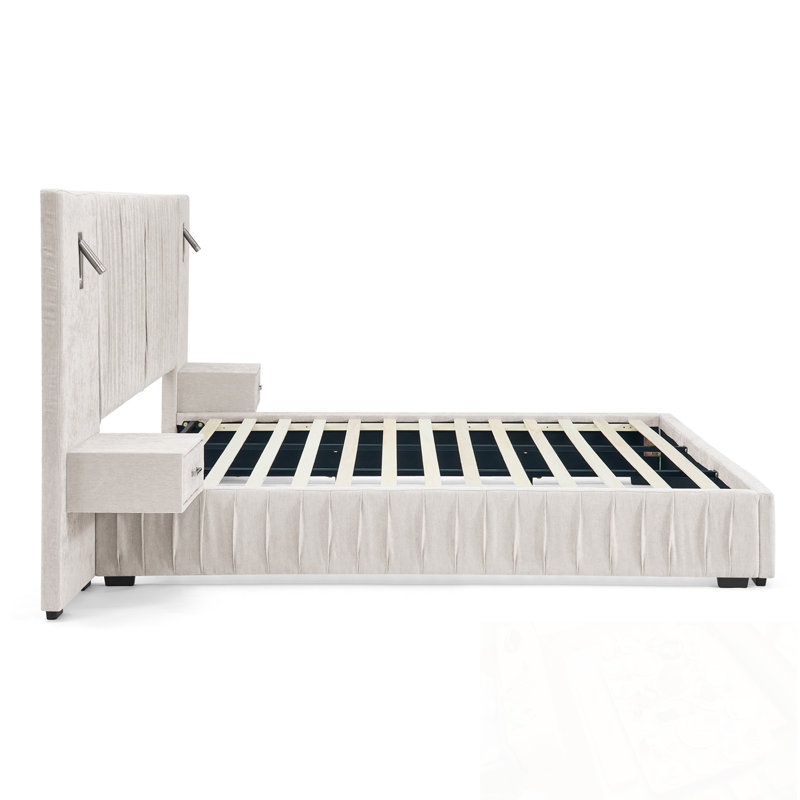 Queen Size Chenille Upholstered Bed With Bedside Table, Beige