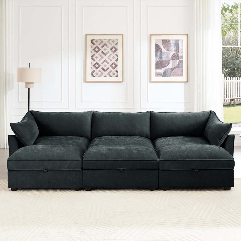 Canapé-lit 3 places avec repose-pieds, gris chenille, rangement modulaire caché sous chaque siège, usure et tissu doux, large choix de couleurs gris pour le salon, canapé-lit