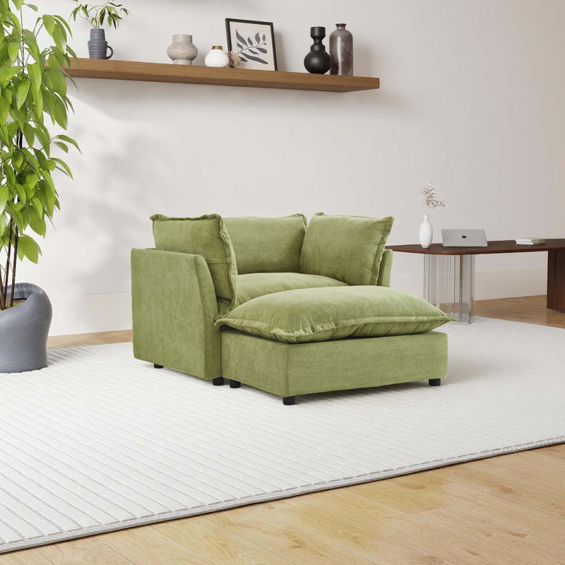 Canapé simple en chenille de style moderne avec repose-pieds, peut être utilisé pour s'allonger ou s'asseoir, Vert