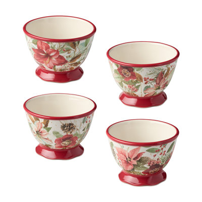 Winter Blooms Set of 4 Holiday Ice Cream Bowls – 24 oz Festive Ceramic Bowls with Poinsettia & Evergreen Designs – Microwave & Dishwasher Safe Floral Dessert Bowls for Christmas Entertaining