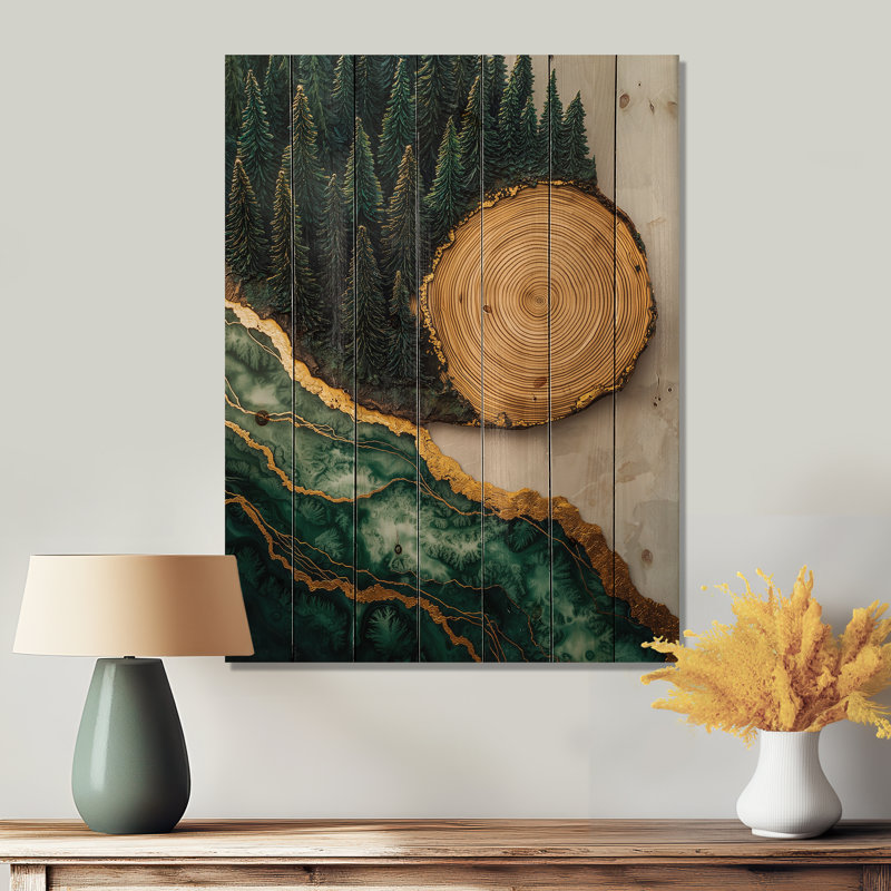 Bold Forest Landscape Path Of The Emerald River II - Forest Wood Wall Art - On Natural Pine Wood, 20" H x 10" W x 0.78" D