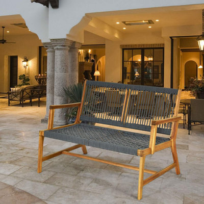 2-Person Patio Acacia Wood Bench Loveseat Chair