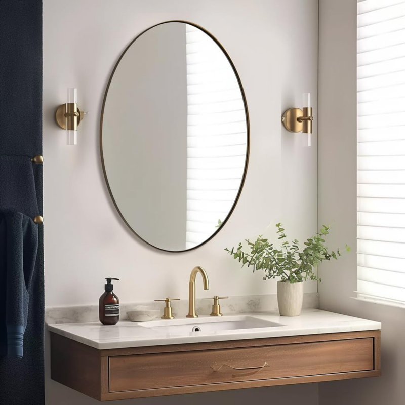 Kaitlee Modern Oval Bathroom Vanity Wall Mirror | Stainless Steel Frame, Brushed Bronze, 28'' x 20'', Oval