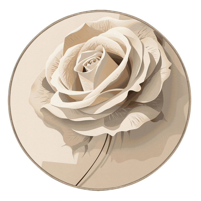 Machine Washable Orlandra White Rose Minimalist Solid Color Rug in Beige – Beige Binding, 6' Round