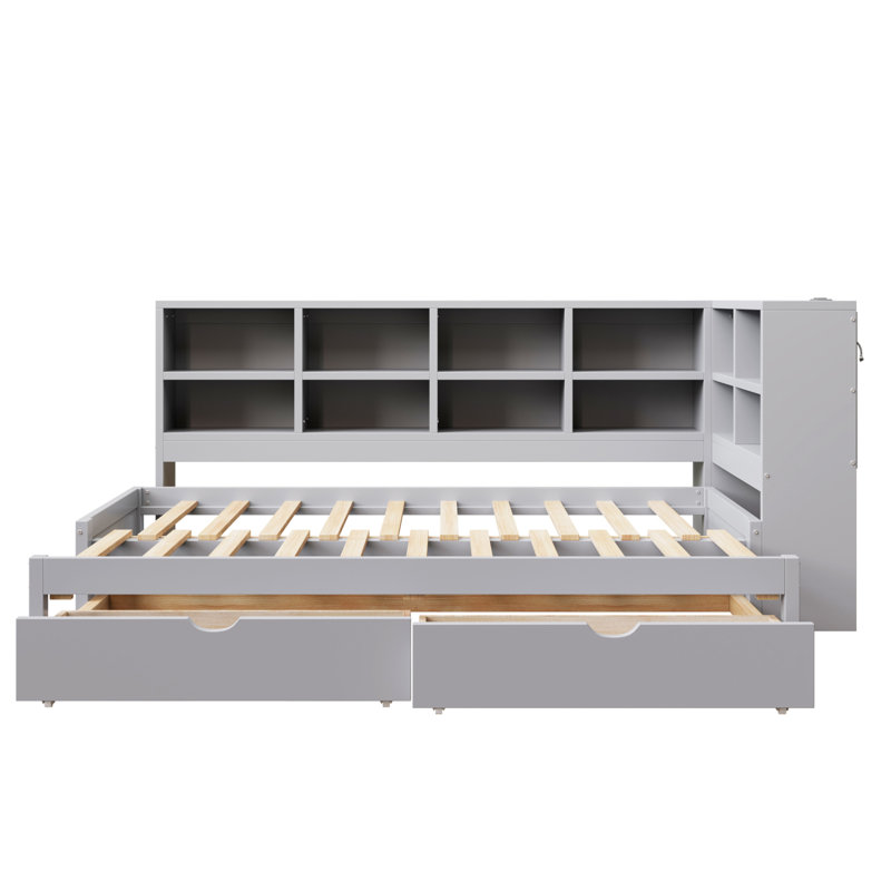 Twin XL to King Size Daybed with Two Storage Drawers, Storage Cabinets LED Light and USB Ports, Gray