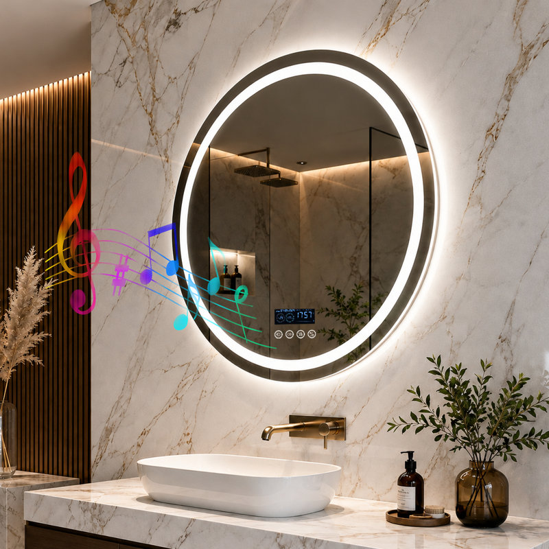 Led Bathroom Mirror With Lights, Wall-mounted With Bluetooth Speaker, Time & Date Display Anti-fog, 3 Color Temperature, Dimmable Brightness, Ip65 Waterproof, Tempered Glass, Frontlit & Backlit