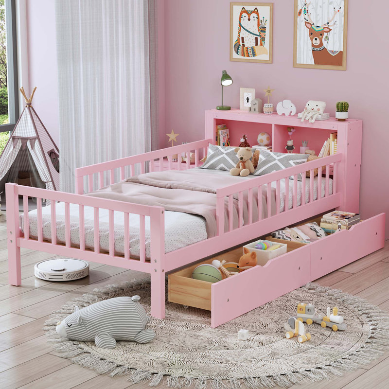 Lit simple avec support de tête de lit, deux tiroirs sous le lit, Rose