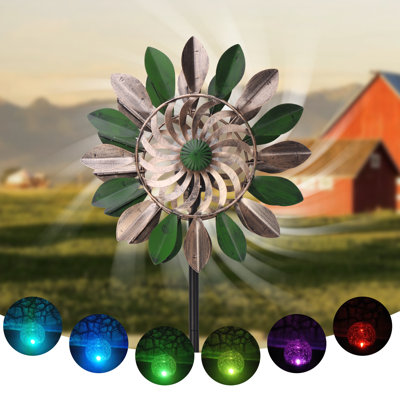 75 Inch Solar Green Leaf Wind Spinner, RGB Color Changing Crackle Glass Ball LED Garden Stake, Kinetic Metal Yard Art