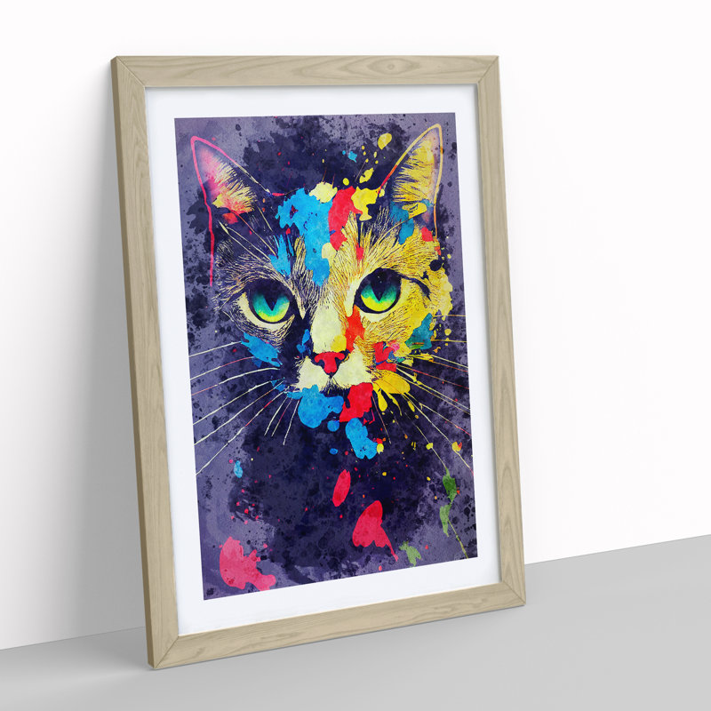 Paint Splat Cat No.4 - Framed Print, 34cm H x 25cm W x 2cm D, Oak