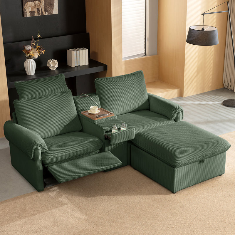 Canapé modulaire inclinable avec console et repose-pieds avec rangement, canapé modulaire en velours côtelé avec charge USB, porte-gobelets et inclinaison électrique, vert