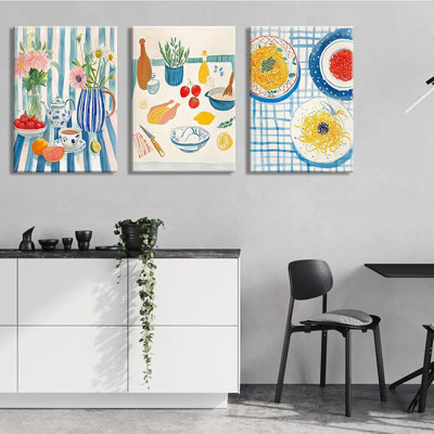3Pcs Blue Striped Dining Room Food Wall Art Funky Kitchen Wall Decor Pictures Vintage Kitchen Plant Posters Prints Pasta Night Painting For Dining Room Kitchen Home Decoration 16X24in Framed