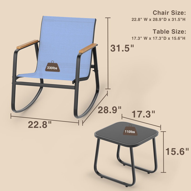 Ensemble de patio extérieur 3 pièces avec chaise berçante, accoudoirs en bois massif et table basse, Bleu clair