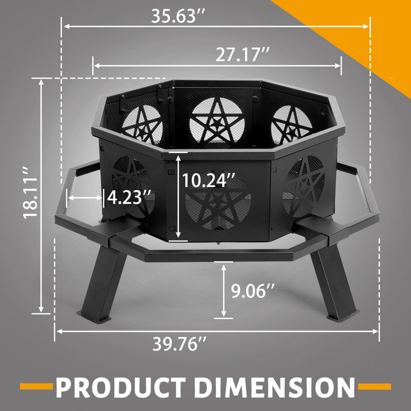 Black Metal Outdoor Fire Pit, 18.11" H x 39.76" W x 39.76" D