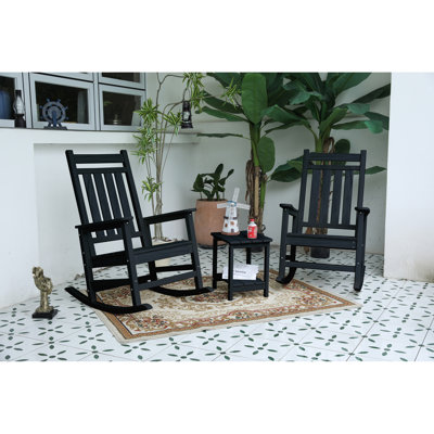 Outdoor Rocking Chair Set With Side Table, 3-Piece Rocking Chair Set With Wood-Texture,All Weather-Resistant,Black (Includes 2 Rocking Chairs And 1 Table), Chair