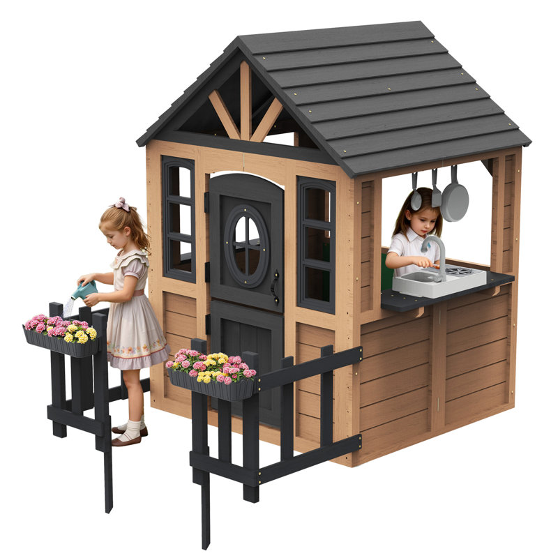  3-Door Modular Clear Playhouse with Kitchen Set – Durable Wood & Waterproof Roof, Kids Pretend Playhouse for Ages 3-8, Brown